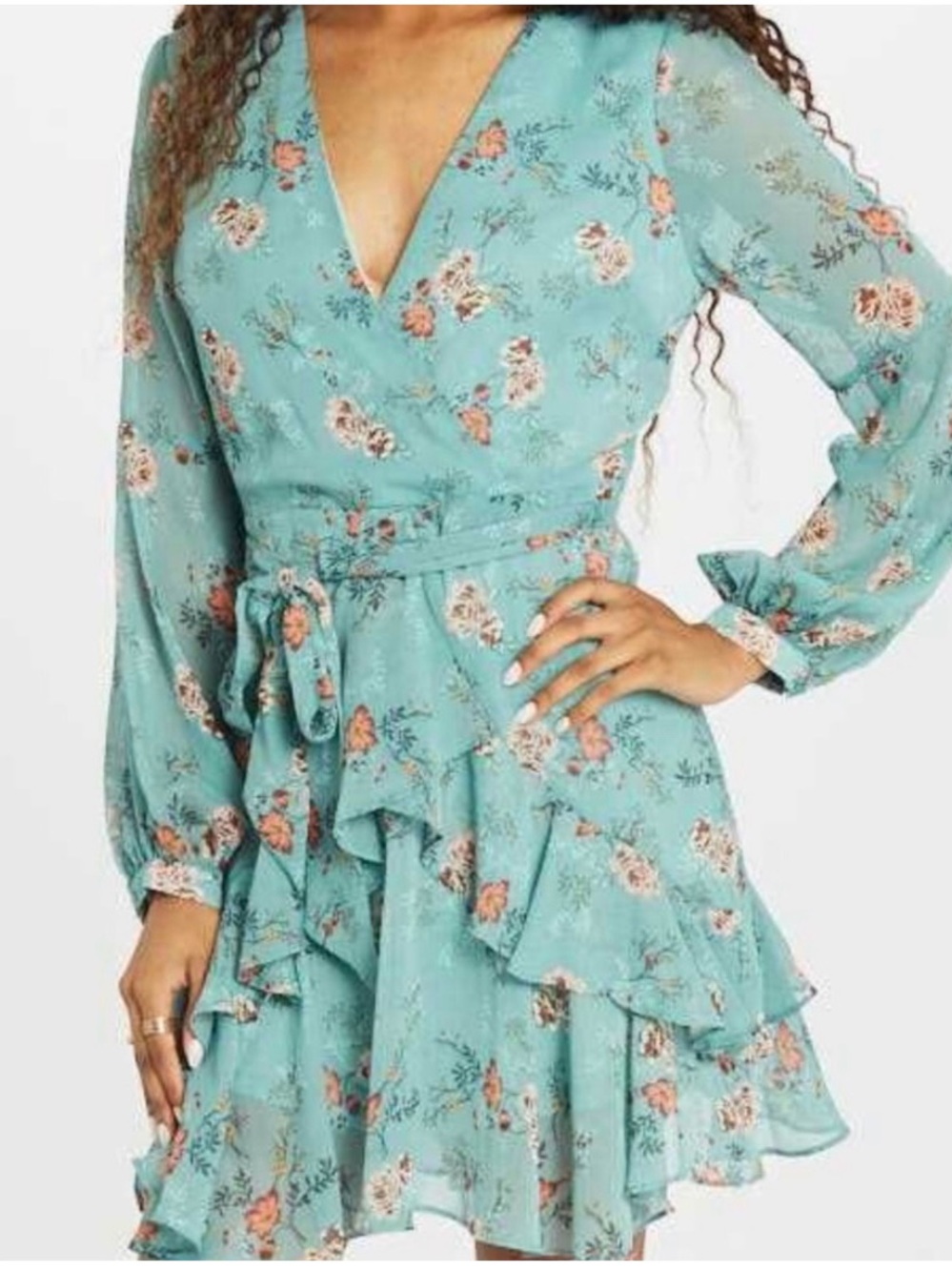 Altar'd State Aqua Floral Ruffle Dress Romantic Wedding Guest Boho